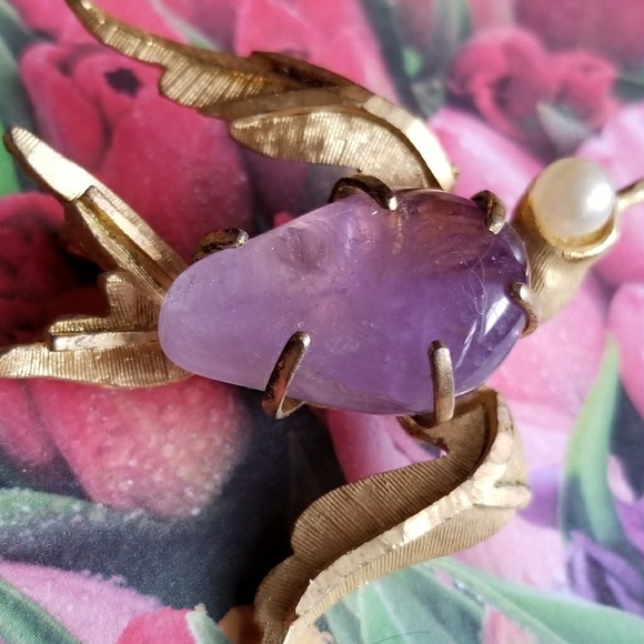 Relisted - Vintage bird brooch Amethyst and faux pearl gold - Picture 3 of 5